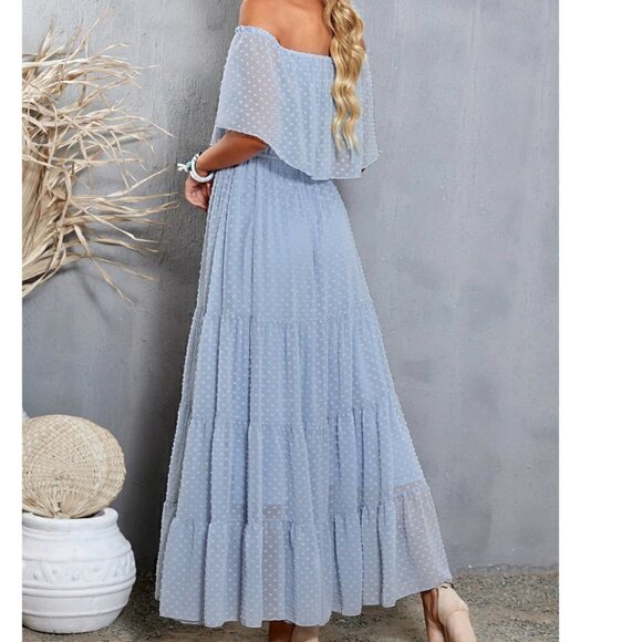 Sky Blue Off Shoulder Ruffle Maxi Dress Size Medium - Picture 4 of 12